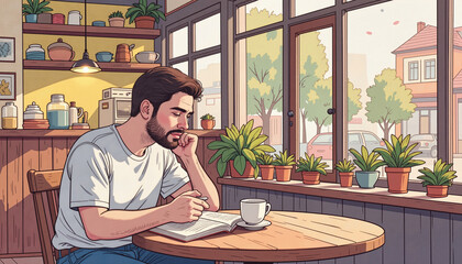 Thoughtful man reading at cafe table with coffee, leisurely moment