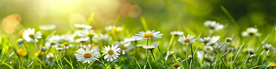 beautiful spring meadow daisies grass sunlight panoramic banner background © pier