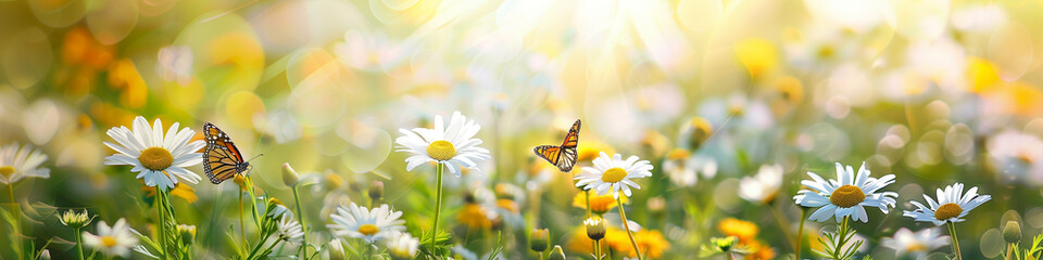 beautiful spring meadow daisies butterflies panoramic spring background banner © pier