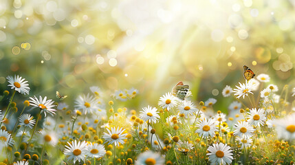 beautiful spring background daisies butterflies sunlight banner panoramic view © pier