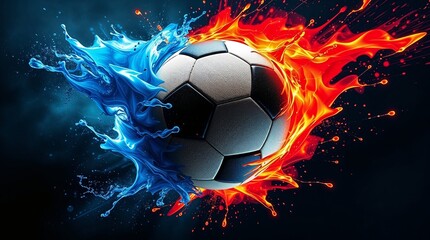 Fototapeta premium A football is shown colliding with air, electric blue and fiery red paint simulating speed