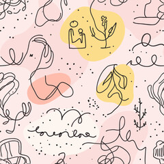 Abstract line drawings of people, plants, and flowers in various colors, including pink, yellow, and black, with scattered dots and splatters throughout. Vector patterns, random pattern
