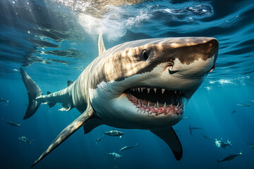 Fototapeta premium Large shark is swimming in the ocean with its mouth open. The shark is surrounded by other fish, some of which are swimming close to it. The scene is both beautiful and dangerous
