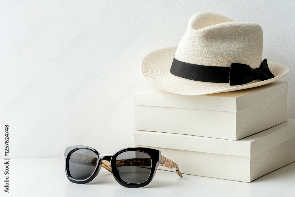 Poster stylish accessories displayed on minimalist boxes with hats, glasses, and handbags in a well lit roo