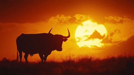 Majestic Longhorn Silhouette at Sunset: A Texas Ranch Panorama