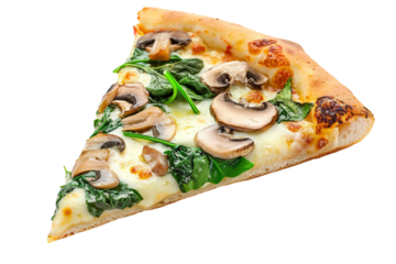 Fresh mushroom and spinach pizza slice with a blend of herbs isolated on transparent background