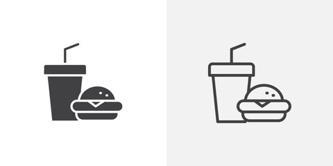 Hamburger soda icons vectors illustrations in black fill and liner versions