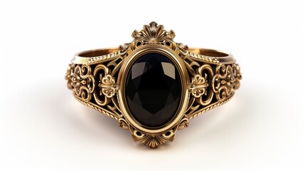 An ornate Victorian mourning ring with black onyx centerpiece, isolated on white. The intricate gold setting and deep black stone create a dramatic contrast.