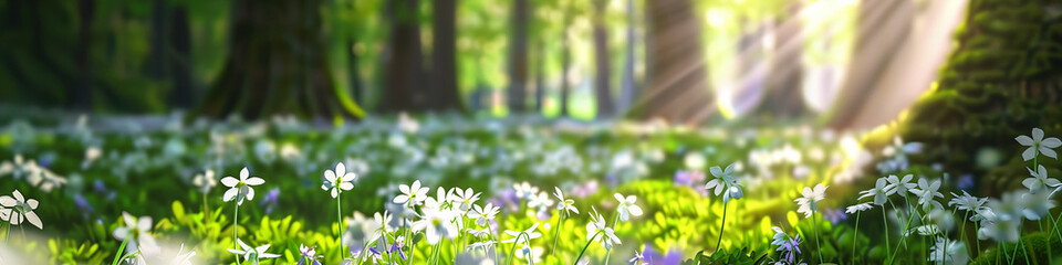 beautiful spring forest irises daffodils sunlight rays trees banner high resolution © pier