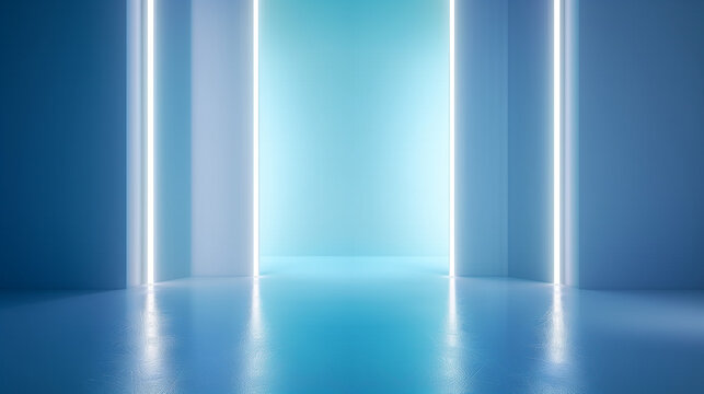 abstract blue background glowing white lines reflections floor empty room design