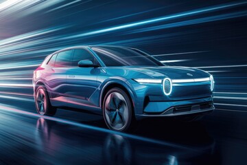 Obraz premium A sleek, blue electric SUV speeds down a highway, showcasing its futuristic design and rapid acceleration.