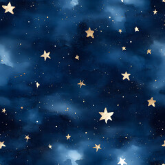 A starry night sky with small white and gold stars on a dark blue velvet fabric background, detailed watercolor painting with clean edges. 