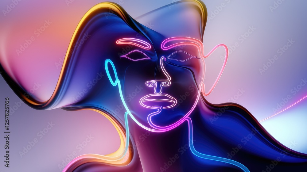 Poster abstract neon portrait with flowing, vibrant colors creating a surreal and stylish aesthetic.