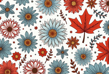 A variety of flowers and leaves in shades of blue, red, and brown, arranged in a visually appealing and symmetrical manner. Vector patterns, random pattern