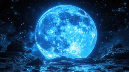 Blue moon rises over alien landscape, space scene