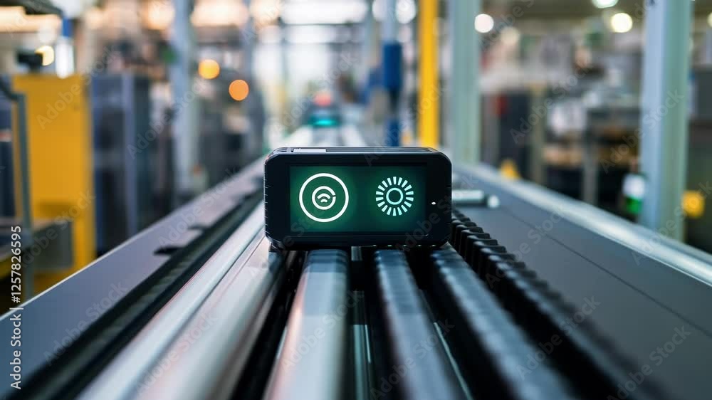Aufkleber wireless device displaying status and progress on a conveyor system, optimizing efficiency and autom