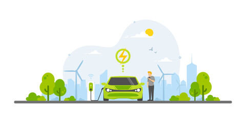 Electric car connected plug in charging station, Innovative smart vehicles energy saving and environmental protection, Renewable energy, Sustainable ecology and Technology for Green city low carbon.