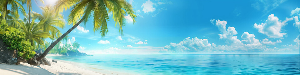 Fototapeta premium exotic beach banner blue sky white clouds palm trees sunny shore tranquil