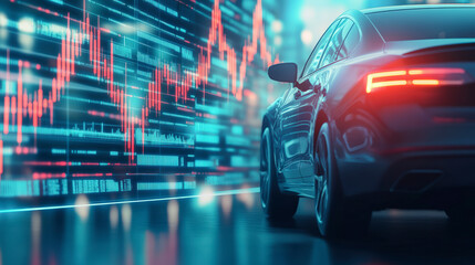 Futuristic electric car driving through digital city. Features glowing stock market charts, advanced technology, and modern urban environment.