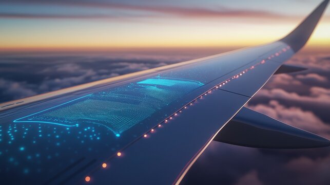 An aircraft wing with embedded IoT sensors is showcased in a closeup, with a sky backdrop, highlighting the importance of safety and timely maintenance in aviation
