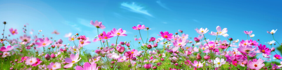 Fototapeta premium pink white cosmos flowers field blue sky eye-level perspective panoramic scenery