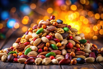 Fototapeta premium A bokeh-filled pile of mixed nuts, shadowed and isolated.