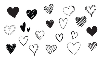 Hand drawn hearts set. Black and white hearts isolated on white background. Vector illustration.