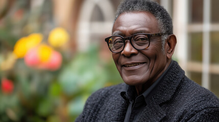 Fototapeta premium Smiling older man in glasses, wearing black coat, outdoors with flowers