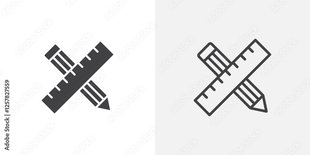 Poster pencil and ruler icons vectors illustrations in black fill and liner versions