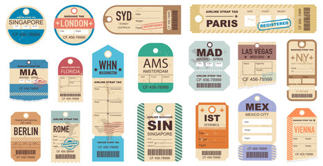 Set of beautiful vintage luggage tag, retro travel label set © 4zevar