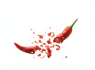 Exploding Red Chili Pepper with Spicy Fragments on White Background – Fiery Food Concept 