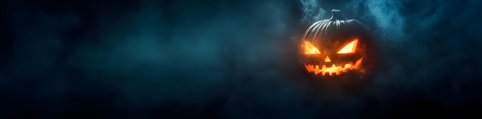 Naklejka premium Glowing Jackolantern in Dark Smoky Halloween Night Scene