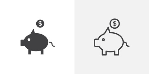 Piggy bank icons vectors illustrations in black fill and liner versions