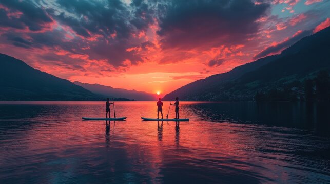 A group of friends enjoying a sunset paddleboarding session on a calm lake 