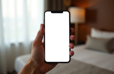 booking concept, male hand shows white screen of smartphone in hotel room, copy space, mockup, mock up, space for texting and advertising