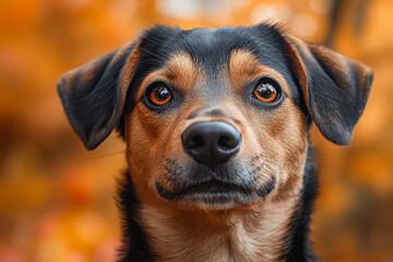 Black dog with a brown nose and brown eyes is looking at the camera. The dog is standing in front of some orange leaves