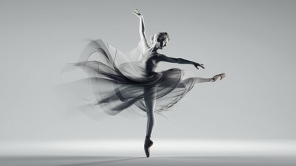 A ballerina in a flowing, translucent dress, gracefully poised mid-leap, showcasing elegance and ethereal beauty. © Vibudhaart