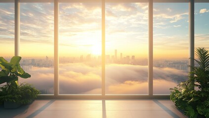 Fototapeta premium Sunrise Cityscape Viewed from Modern Room with Plants, Golden Hour Light Bathes the Scene, Serene Atmosphere.
