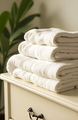 stack of white terry towels lying on dresser, green plant in background