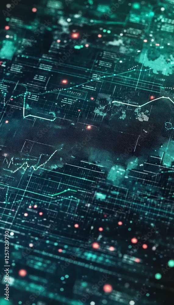 Poster global economic trends, financial data visualization with line graphs and data points on world map