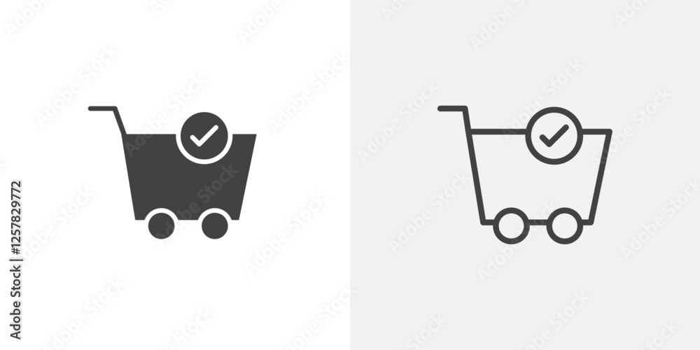 Poster shopping cart check icons vectors illustrations in black fill and liner versions