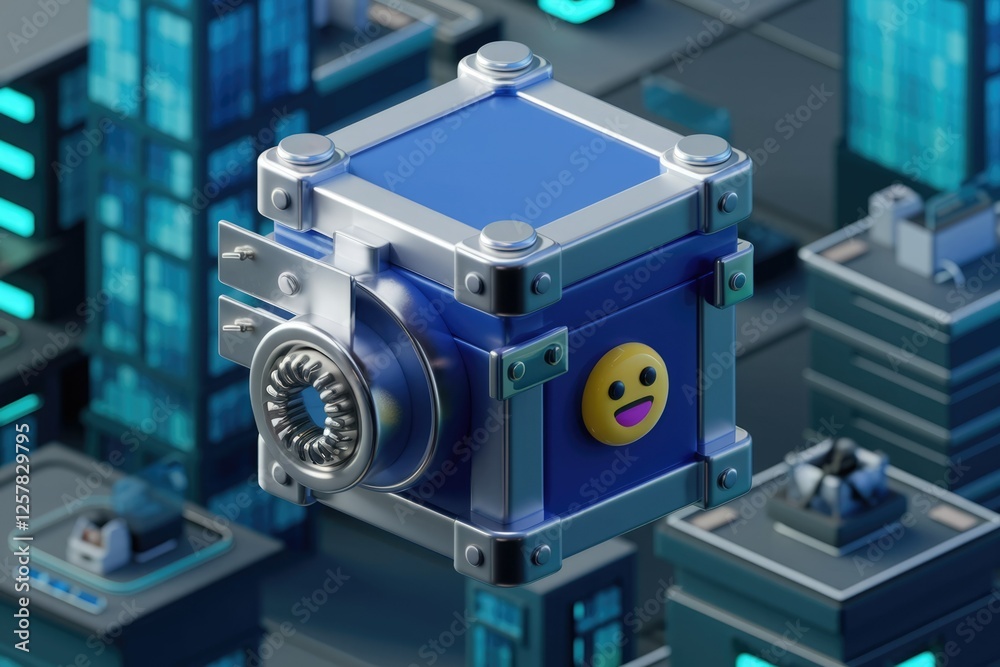 Poster a blue metallic cube with a happy emoticon, resembling a futuristic data vault in a cityscape.