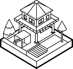 An isometric summer resort line art house with a bright color scheme, an infinity pool, and beach umbrellas on the terrace