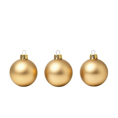 Three golden Christmas ornaments, isolated on a white background.