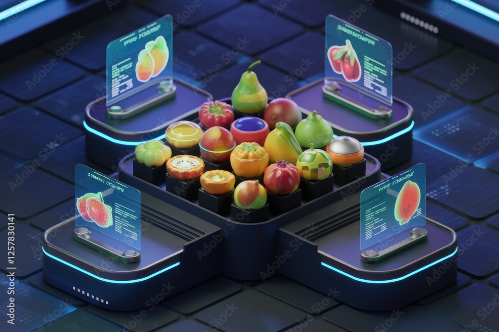 Poster assortment of fresh fruits displayed on a futuristic, tech-infused platform with nutritional informa