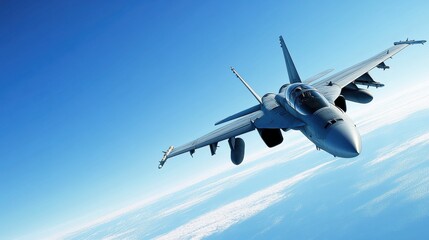 Fototapeta premium A modern aircraft soaring through a clear blue sky, showcasing its sleek design and powerful engines