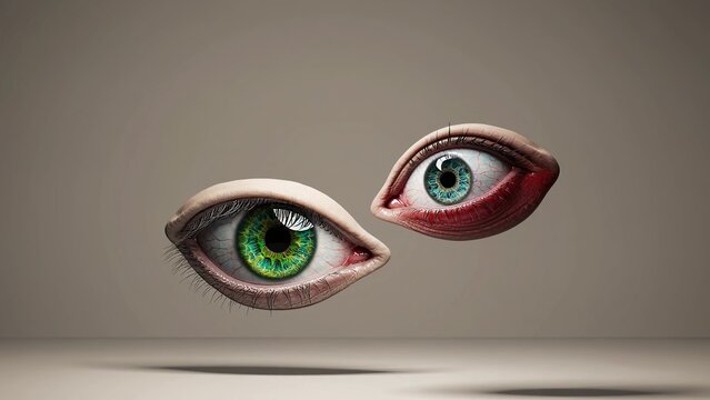 Two vividly colored eyes float against a neutral background, creating a surreal and intriguing visual. The eyes, one green and one blue, are detailed with realistic textures and shadows