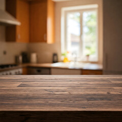 Dark wood tabletop with a blurred, bright kitchen background featuring cabinets, a window, and hints of greenery