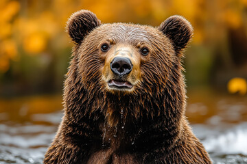 Obraz premium Bear is swimming in a river with leaves floating on the surface. The bear is looking directly at the camera