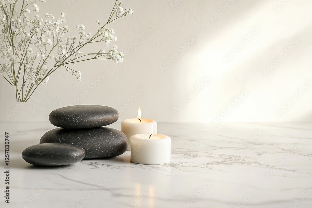 Aufkleber Relaxing atmosphere with smooth massage stones and lit candles for a calming spa experience. Generative AI